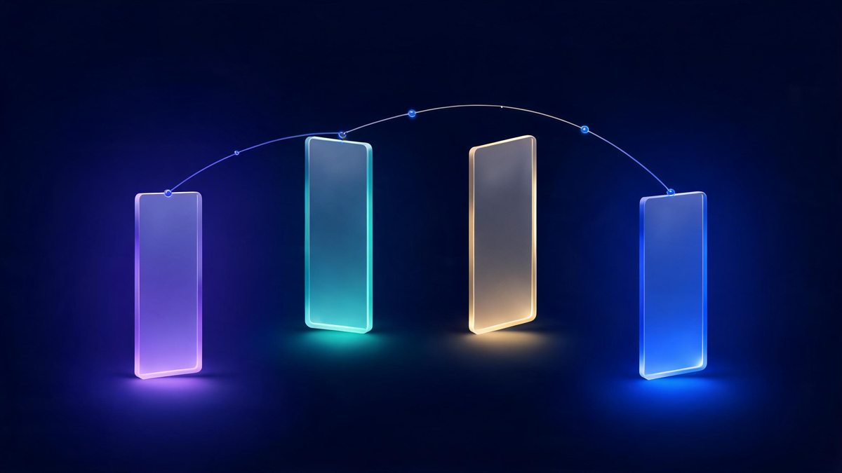The Big 4 cybersecurity companies: four glass monoliths in violet aqua gold and blue
