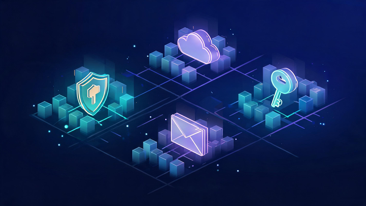 Cybersecurity category map: dark grid city with glowing district nodes