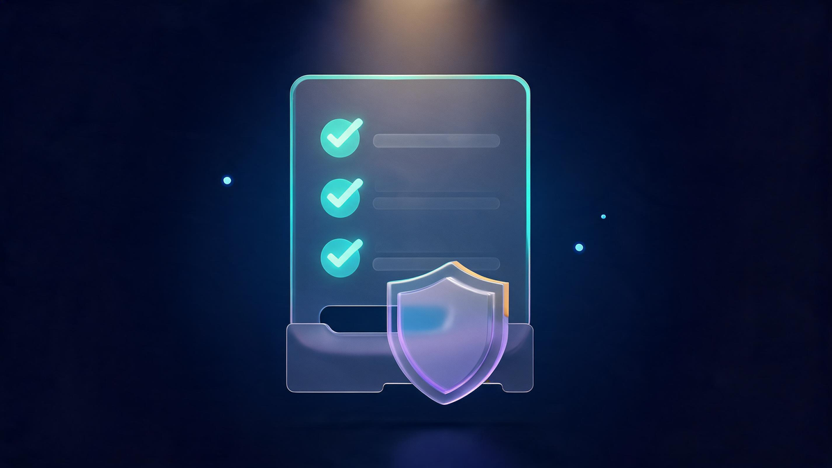 How to choose a cybersecurity vendor: glass checklist board with shield token