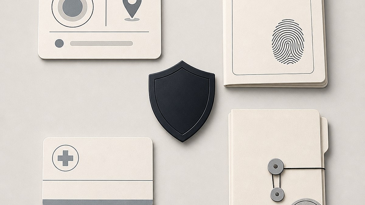 Illustration of personal profile, health insurance card, and protected medical file icons