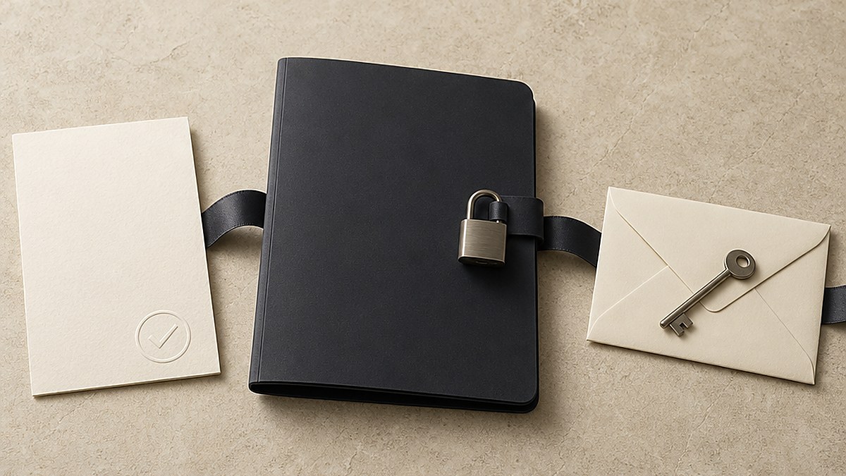 Locked credit file beside a verified notice and secured email account