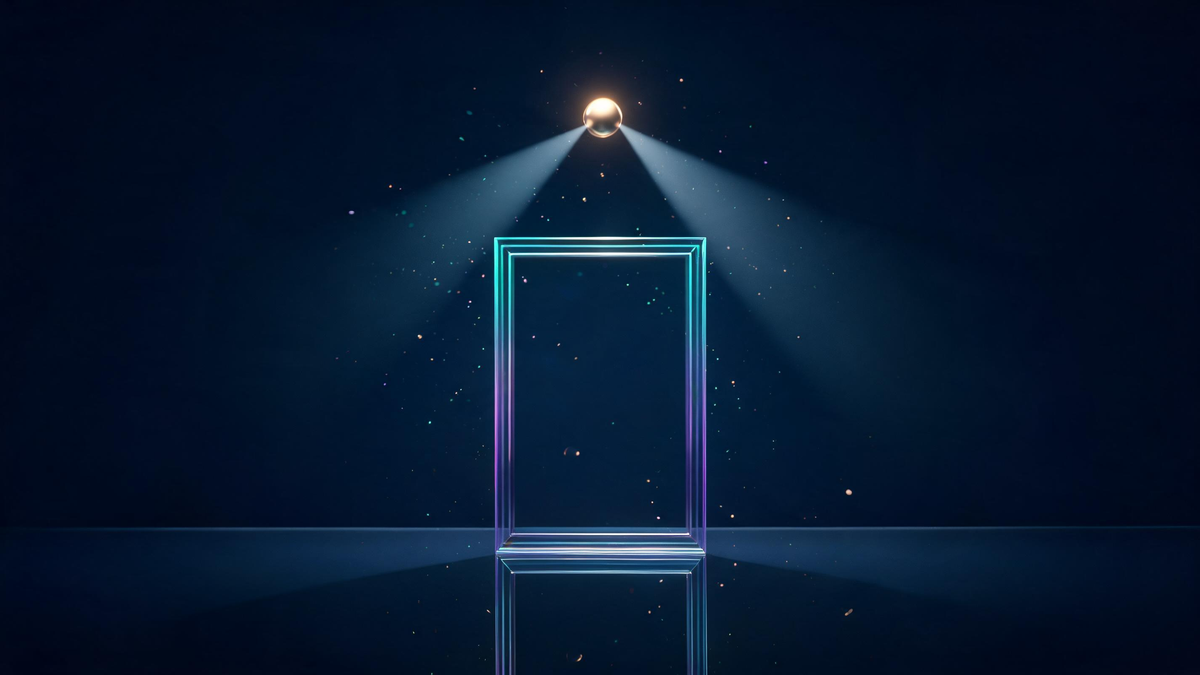 Portrait prompt setup: glass frame with light-rig orb and angled beams