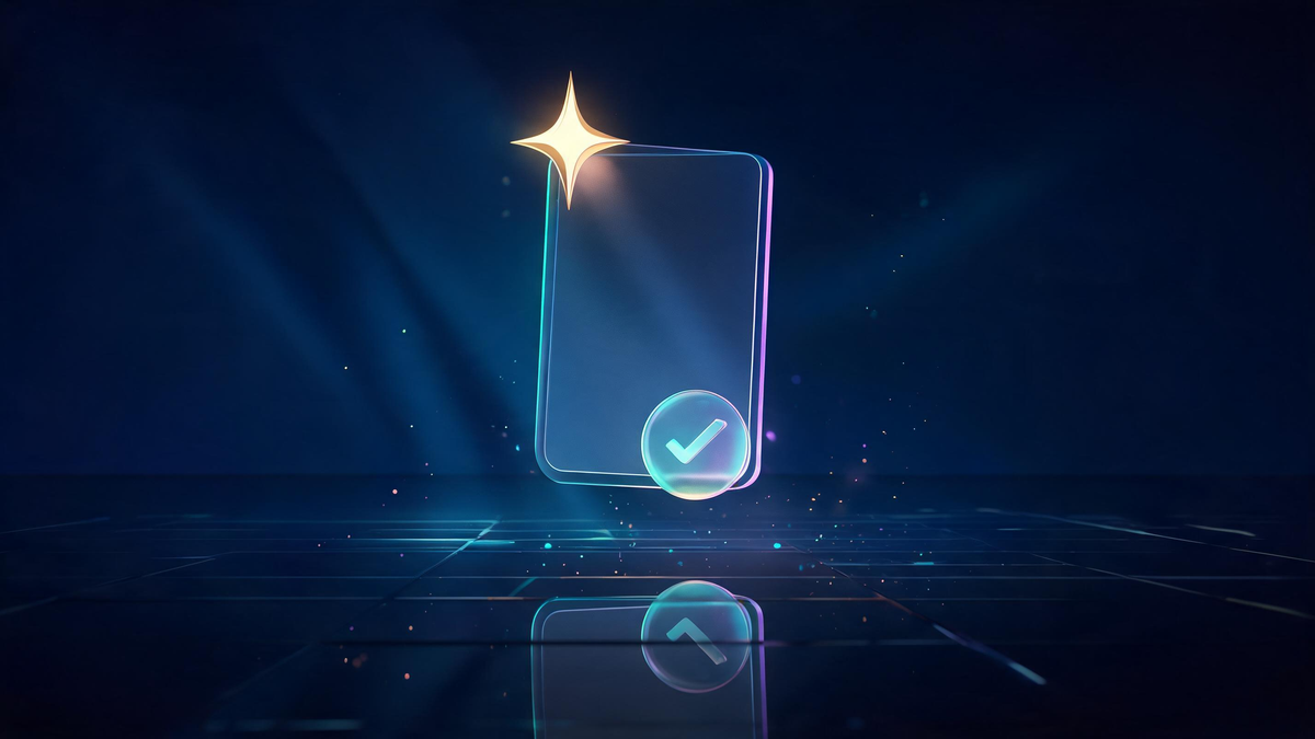 ChatGPT prompt verdict: glass prompt card with gold star and check seal