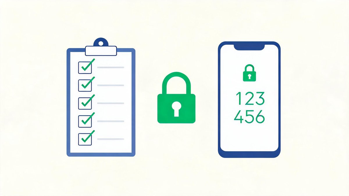Crypto exchange security checklist with five checked items covering licensing, custody, proof of reserves, account protection and support
