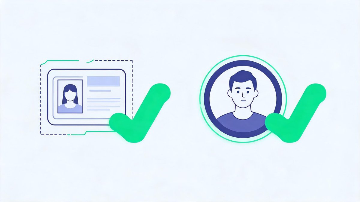KYC verification for a crypto exchange account: government ID scan and live selfie check with confirmation marks