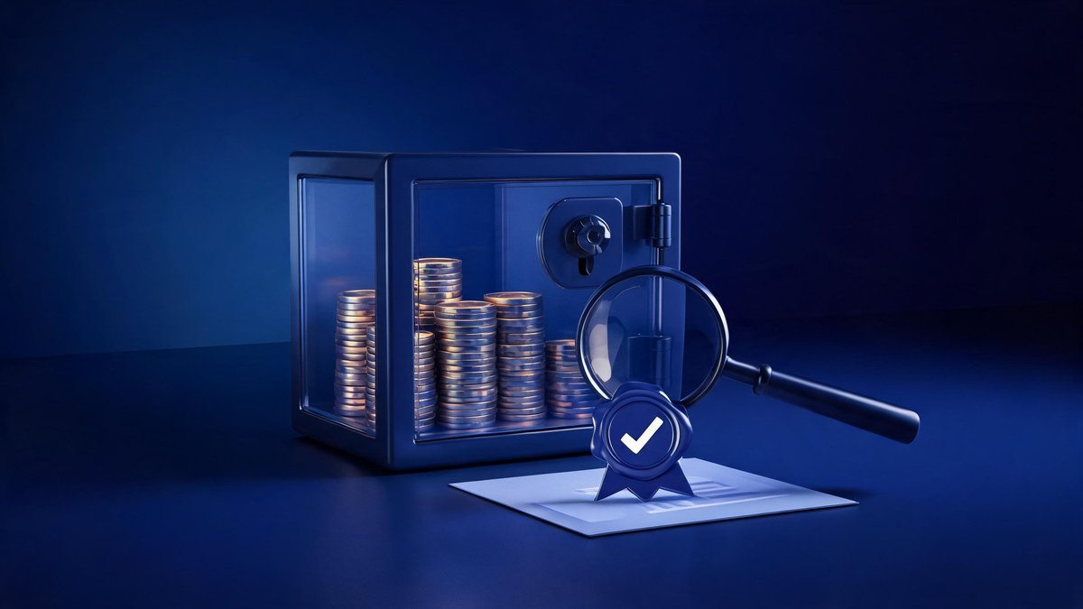 Proof of reserves concept: transparent safe with coins, audit seal and magnifying glass