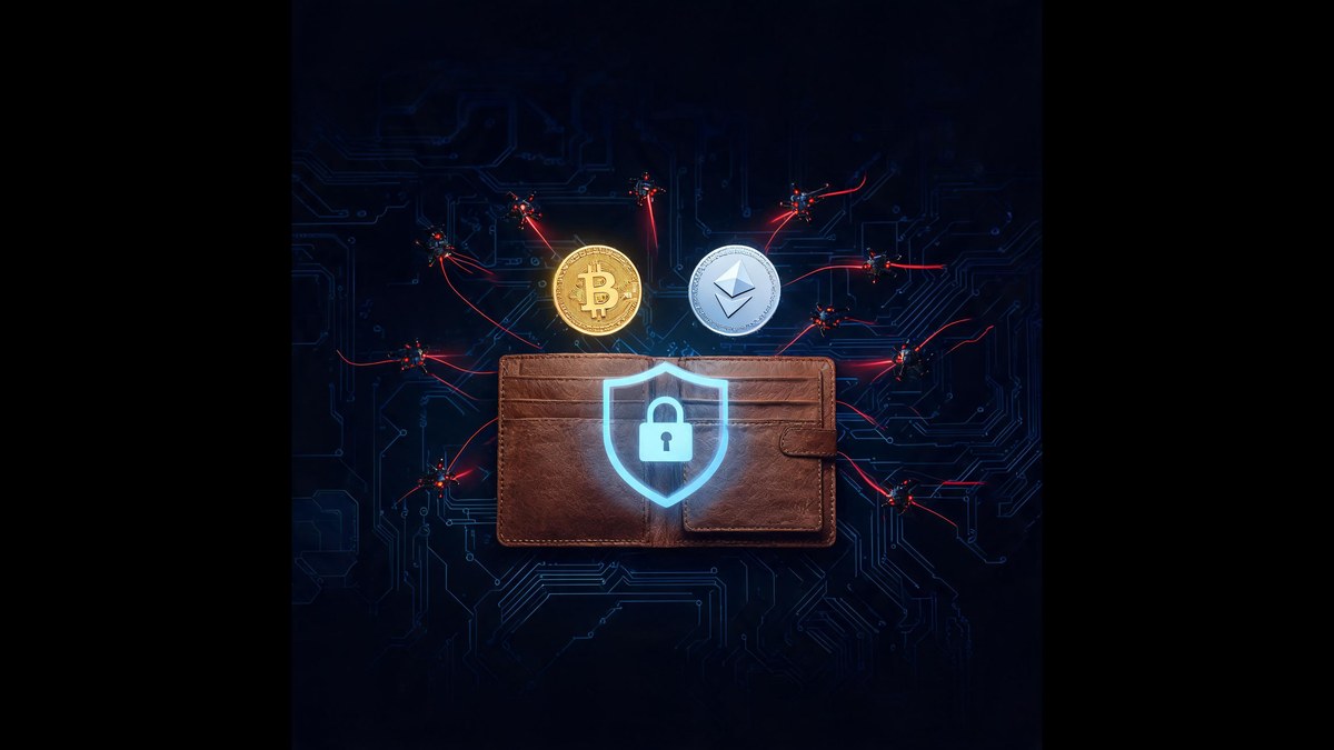 hacker drones swarming a crypto wallet while a glowing shield blocks most — the 2026 loss pattern