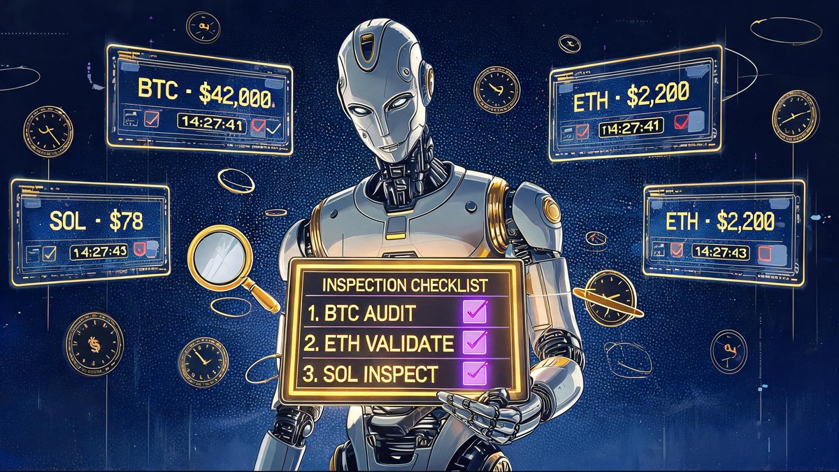 A robot inspector checks timestamped BTC, ETH and SOL tracker screens against a glowing checklist tablet