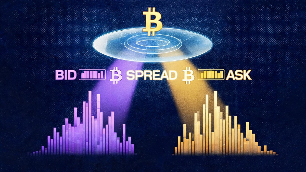 A holographic lens splits one Bitcoin price into bid and ask beams with an order-book depth skyline beneath, visualizing the spread