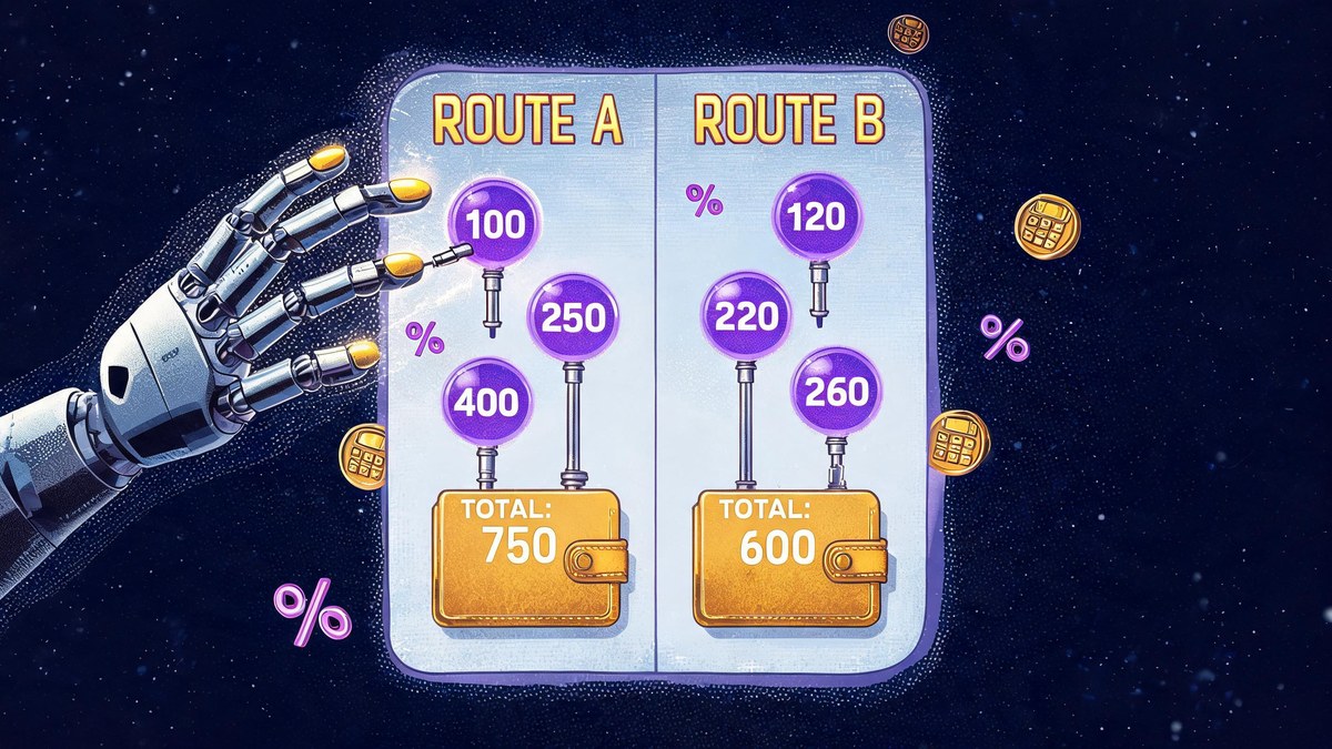 A crypto price worksheet compares two hypothetical purchase routes, including fees, withdrawal deductions, and final units.