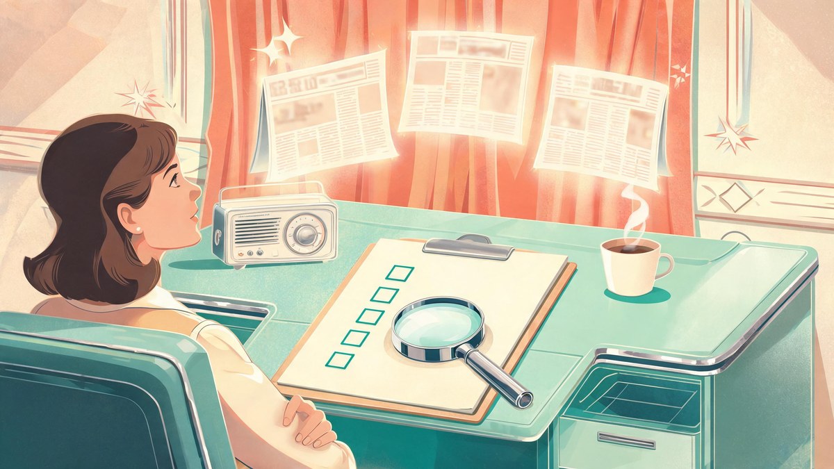 A reader compares three headlines against a five-point verification checklist with teal check boxes