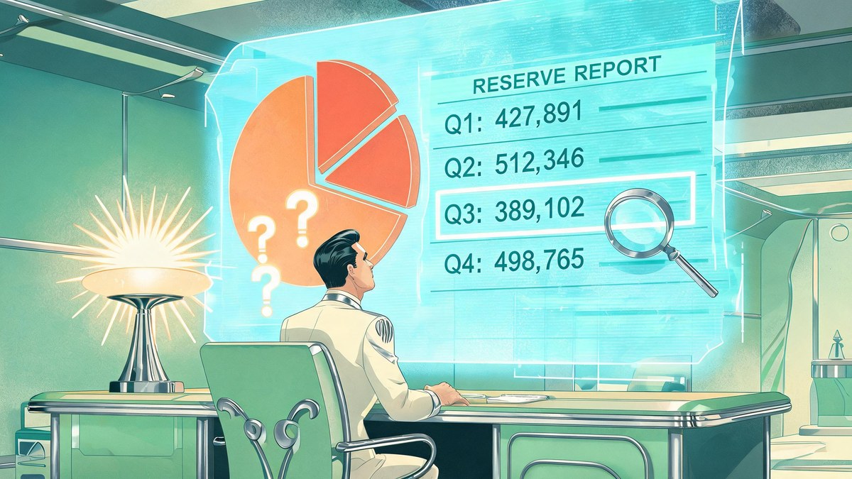 An accountant reviews a holographic reserve report with a pie chart and question marks over excluded liabilities