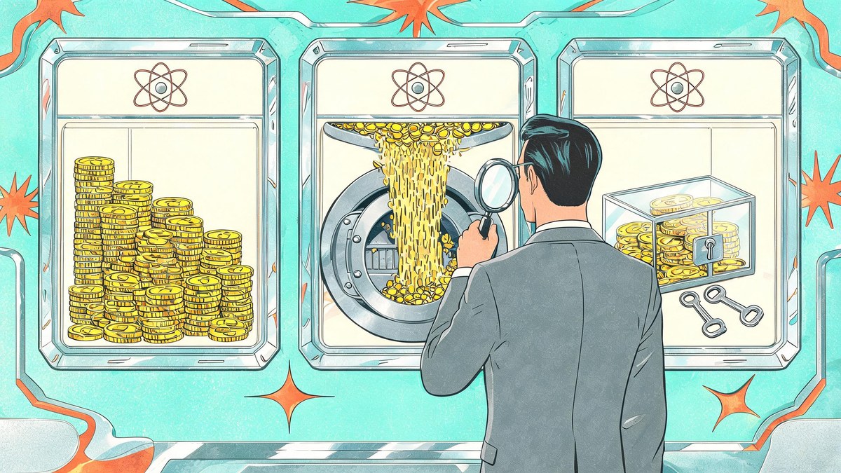 Three panels compare assets, flowing liquidity and restricted custody, examined with a magnifying glass