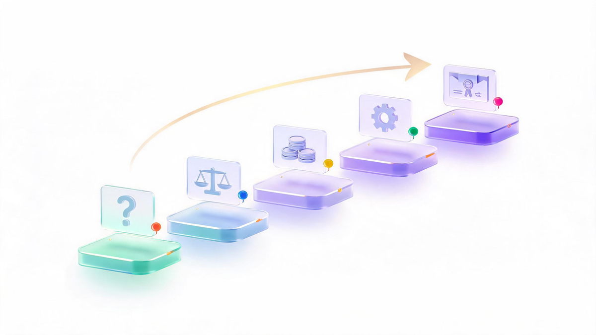 Five-step cyber security solution buying framework shown as ascending glass steps