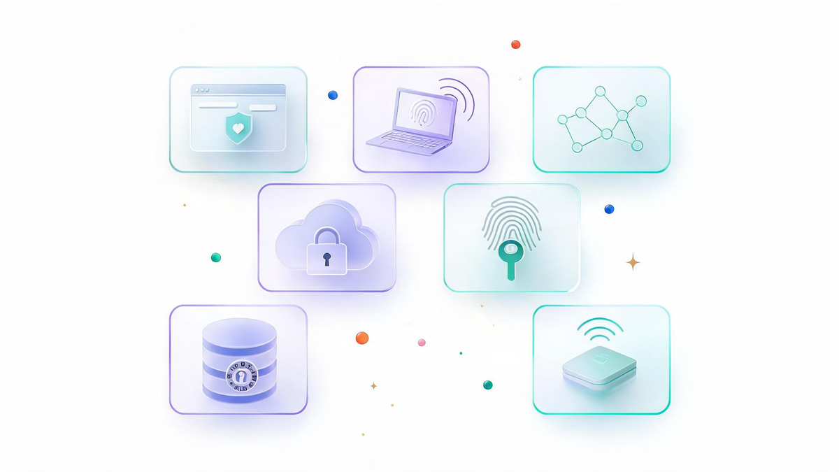 Seven types of cyber security solutions shown as glass tiles with security icons