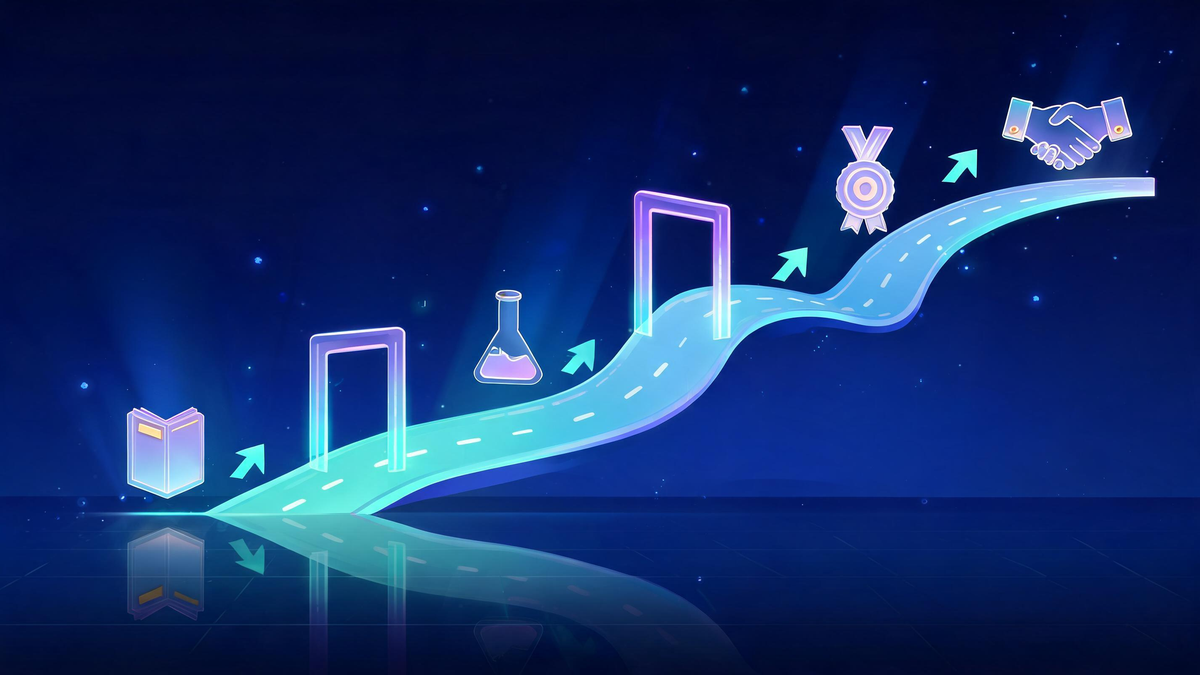 90-day cybersecurity career roadmap poster: winding light road through three phase gates toward summit milestone