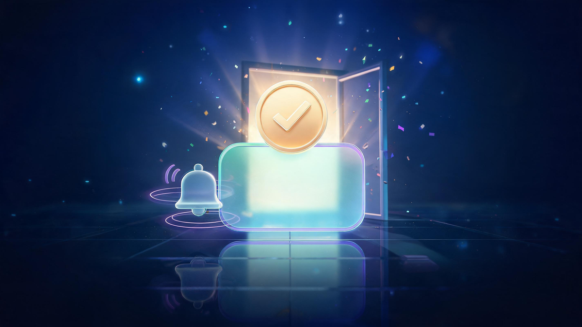 Job offer accepted: luminous application portal with golden checkmark seal and ringing bell