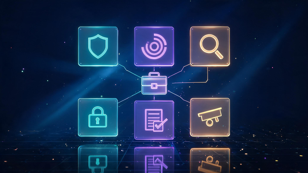 Entry-level cybersecurity job types: six glowing glass role tiles with shield radar lens lock document and camera icons