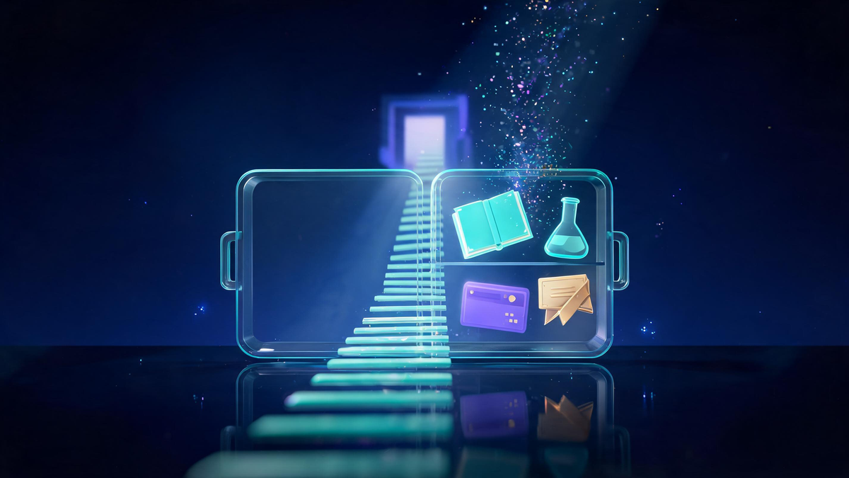 Cybersecurity experience from zero: glass toolbox filling with study tokens bridging toward a doorway