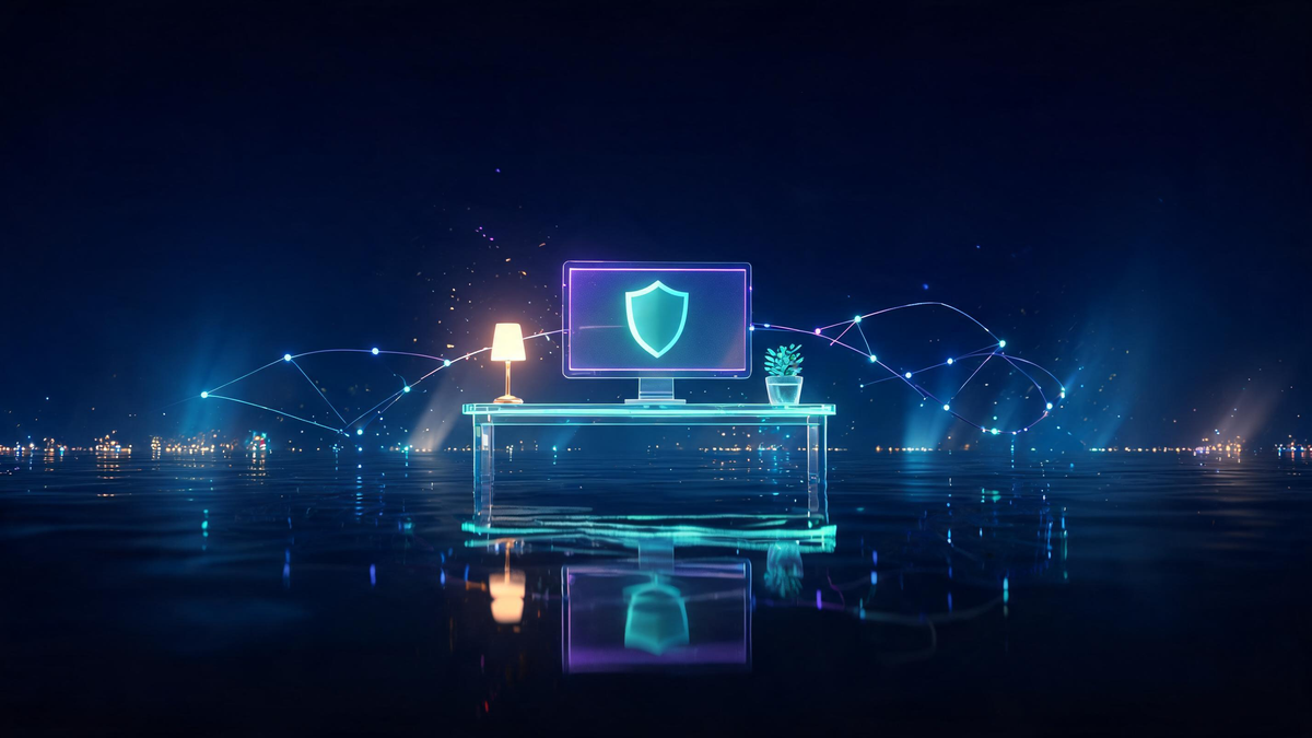 Remote entry-level cybersecurity job: cozy glass home desk with shield hologram and globe network nodes