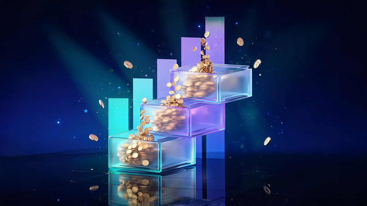 Entry level cybersecurity salaries: gold coin fountain flowing up glass levels with rising chart