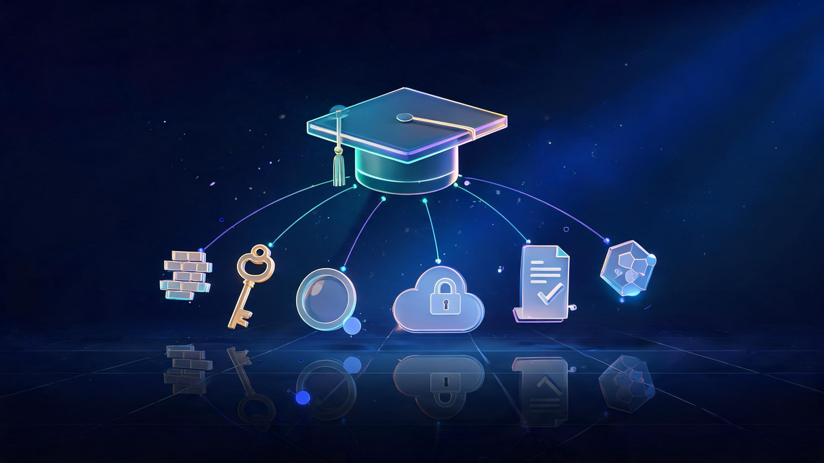 Cybersecurity skills constellation: firewall key lens cloud document and network tokens arcing to a crest