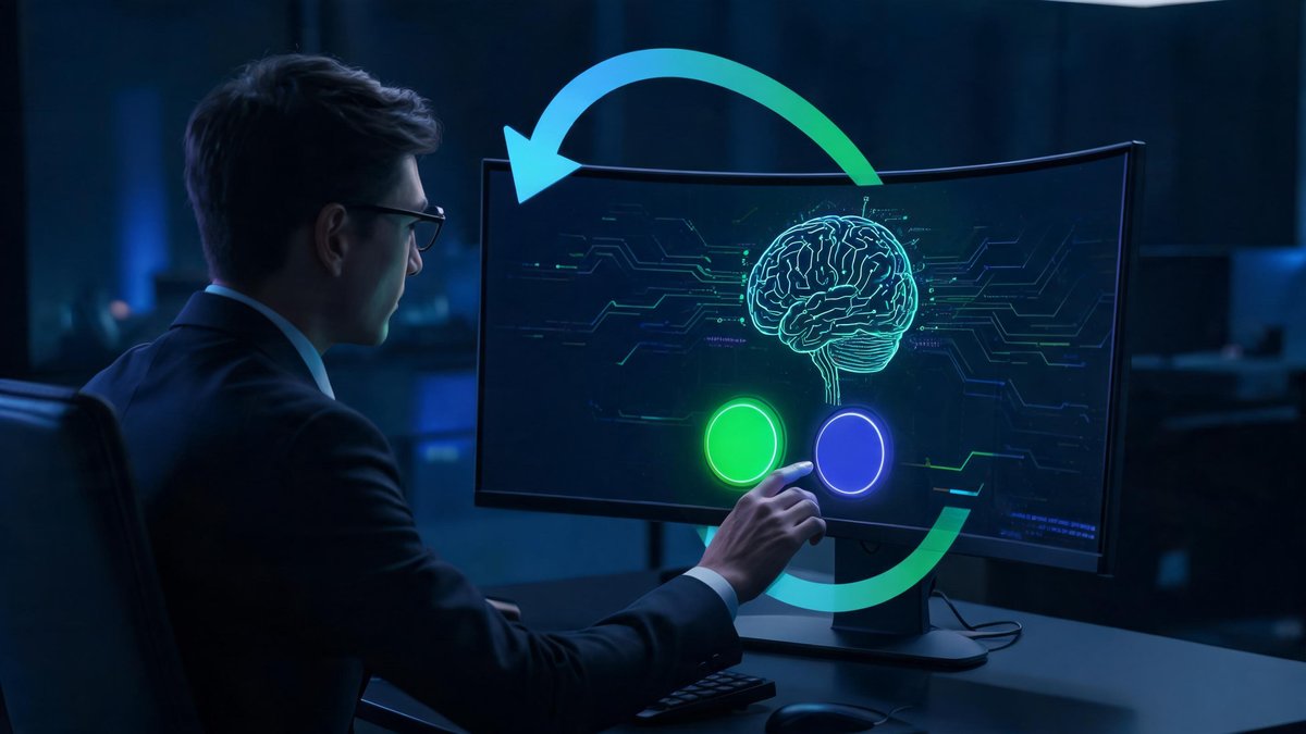 Human oversight loop: operator reviewing AI decisions with approval and override controls feeding corrections back into the model