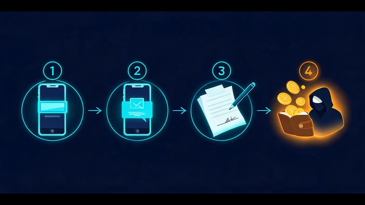 wallet drainer attack flow: ad click to connect to approval to drained wallet