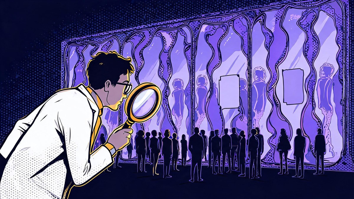 Funhouse mirrors reflecting skewed silhouettes, pop-art illustration of bias in generative AI training data
