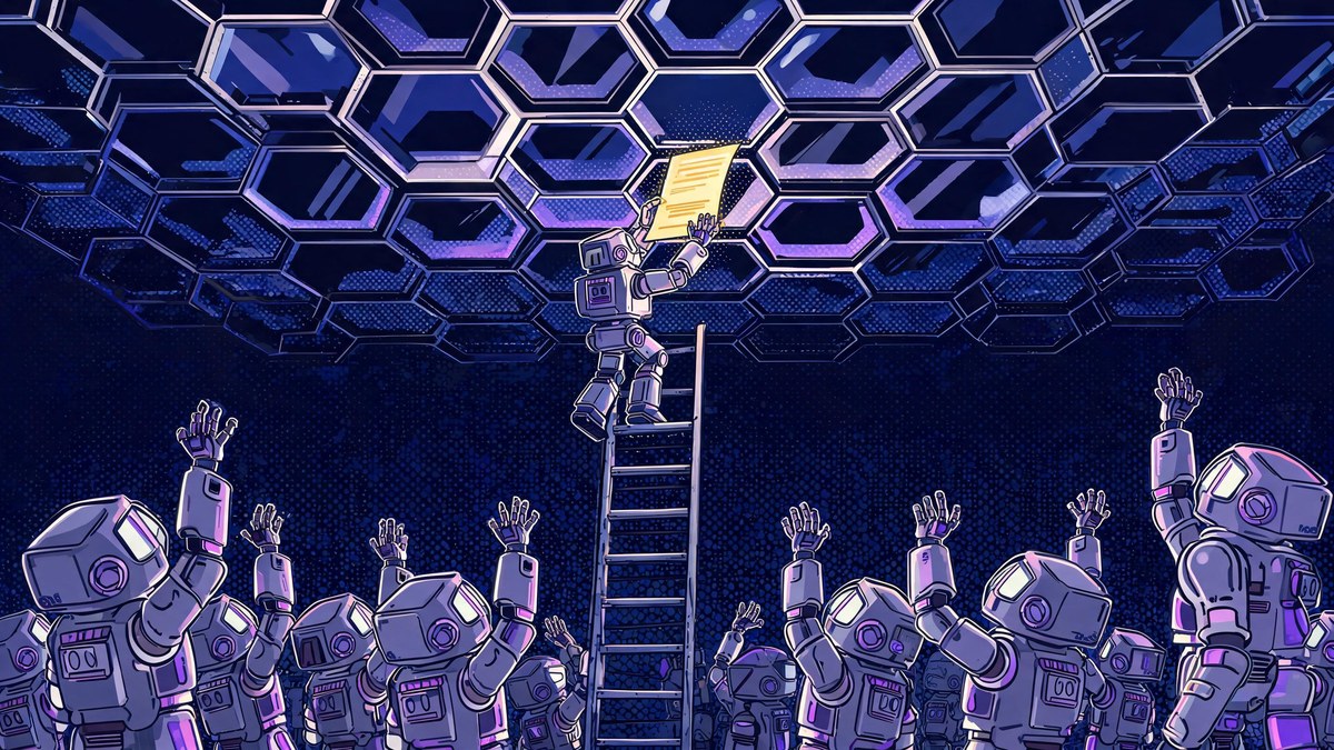 A glass ceiling of hexagonal data cells above small robots, pop-art illustration of the generative AI data ceiling