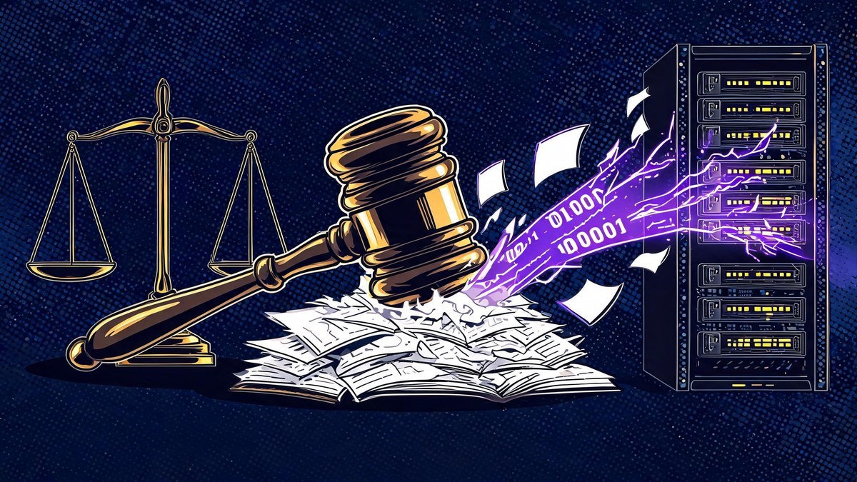A courtroom gavel scattering book pages into data streams toward a server, pop-art illustration of AI copyright lawsuits