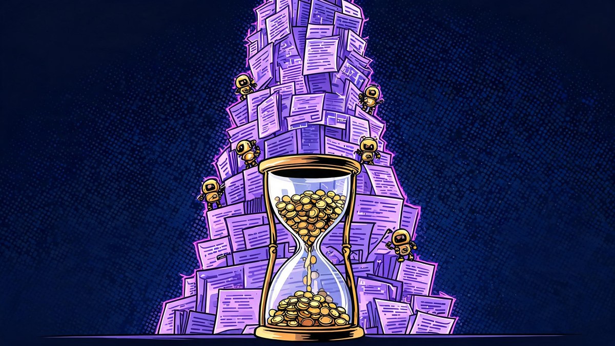 Generative AI data challenges 2026 - a digital library tower with a draining hourglass of tokens in pop-art style