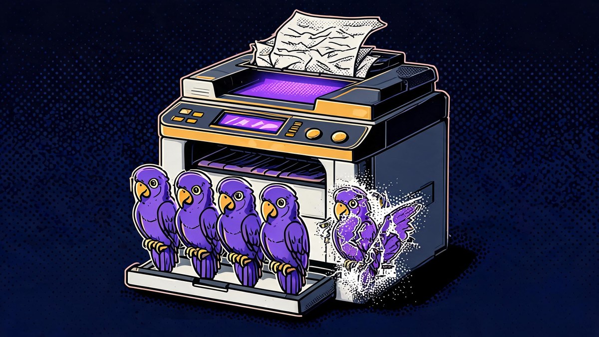 A photocopier producing identical glitched parrot copies, pop-art illustration of overfitting in generative AI