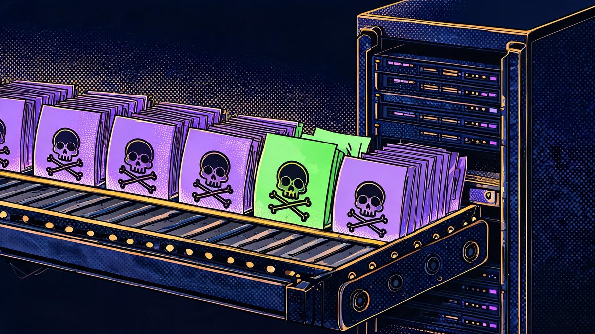 Skull-stamped pages on a conveyor into a server rack, pop-art illustration of data poisoning attacks on AI training