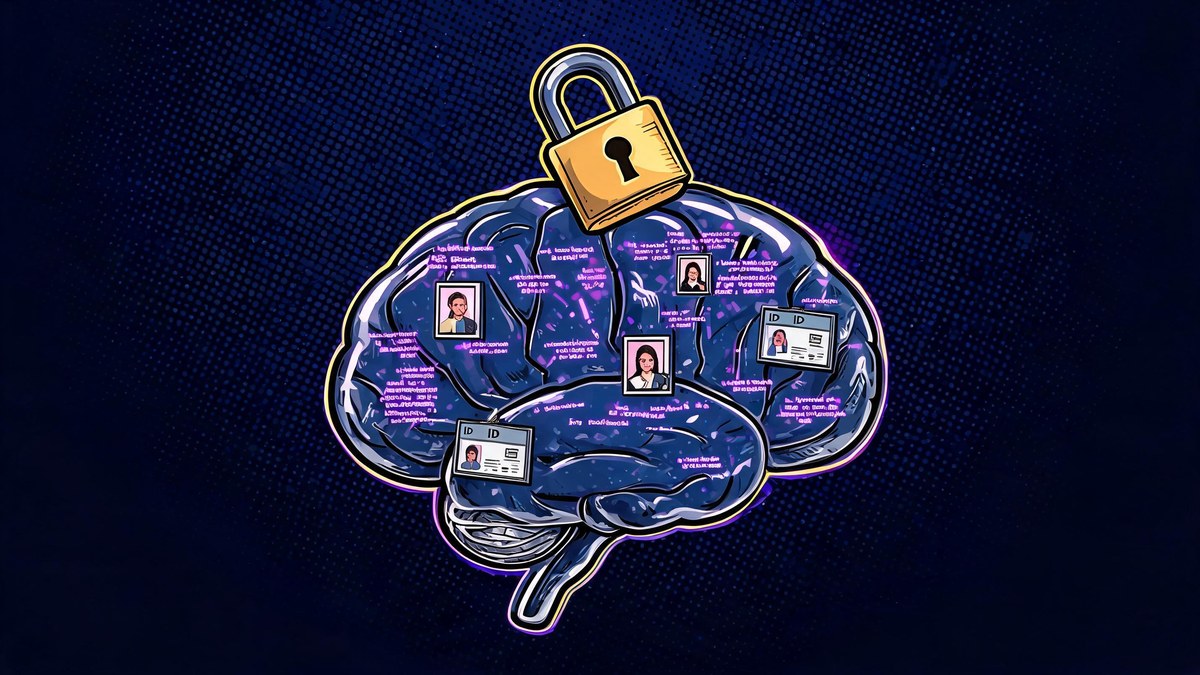 A glass brain containing trapped personal photos and ID cards, pop-art illustration of privacy issues in generative AI training data