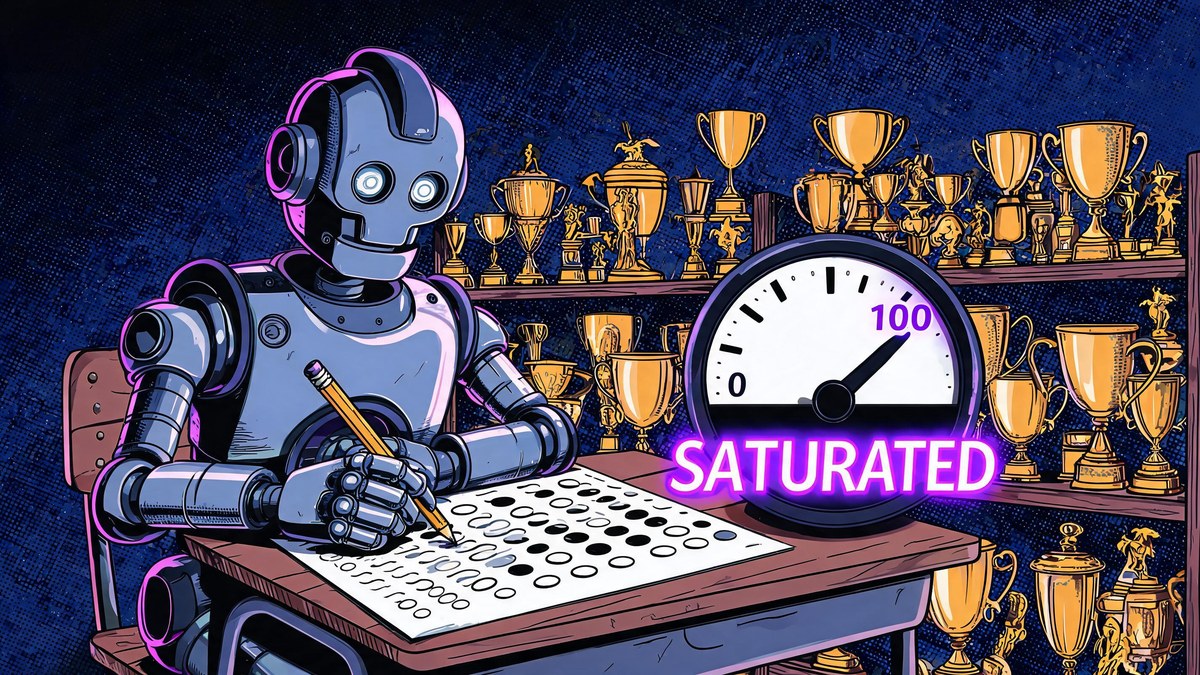A robot filling exam bubbles next to a gauge pinned at 100, pop-art illustration of AI benchmark saturation