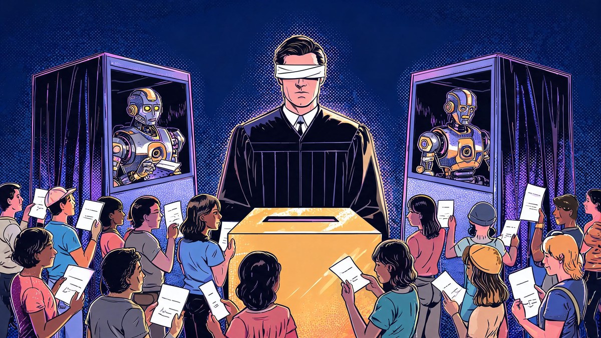 Robots in voting booths with human voters casting ballots, pop-art illustration of human preference evaluation
