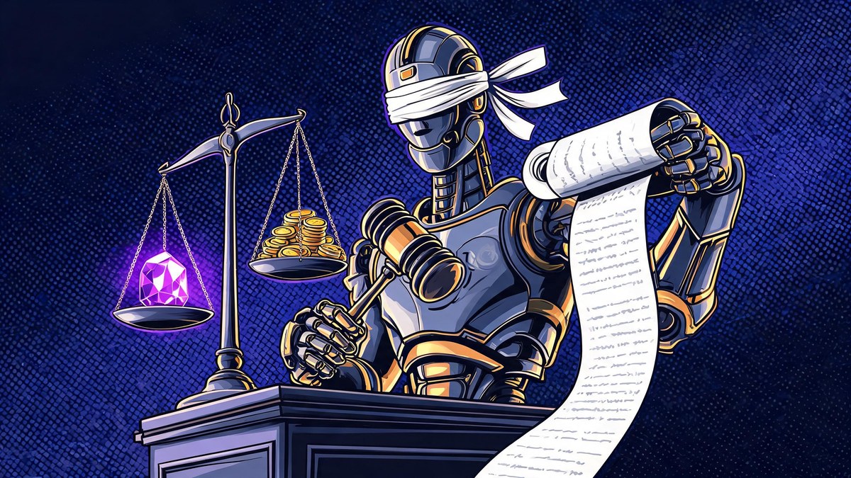 A blindfolded robot judge with tilted scales, pop-art illustration of LLM-as-judge bias