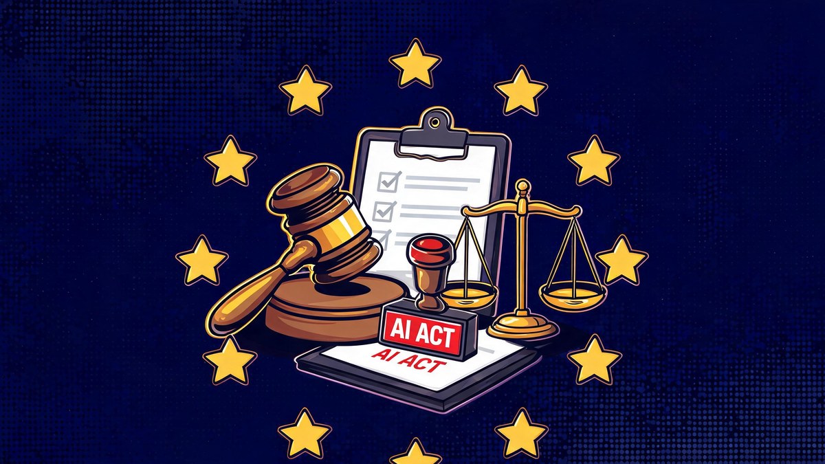 EU stars circling a gavel and AI ACT stamp, pop-art illustration of AI evaluation regulation