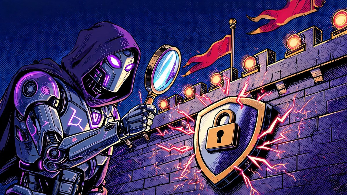 A hooded hacker robot probing a fortress with red flags, pop-art illustration of AI red teaming