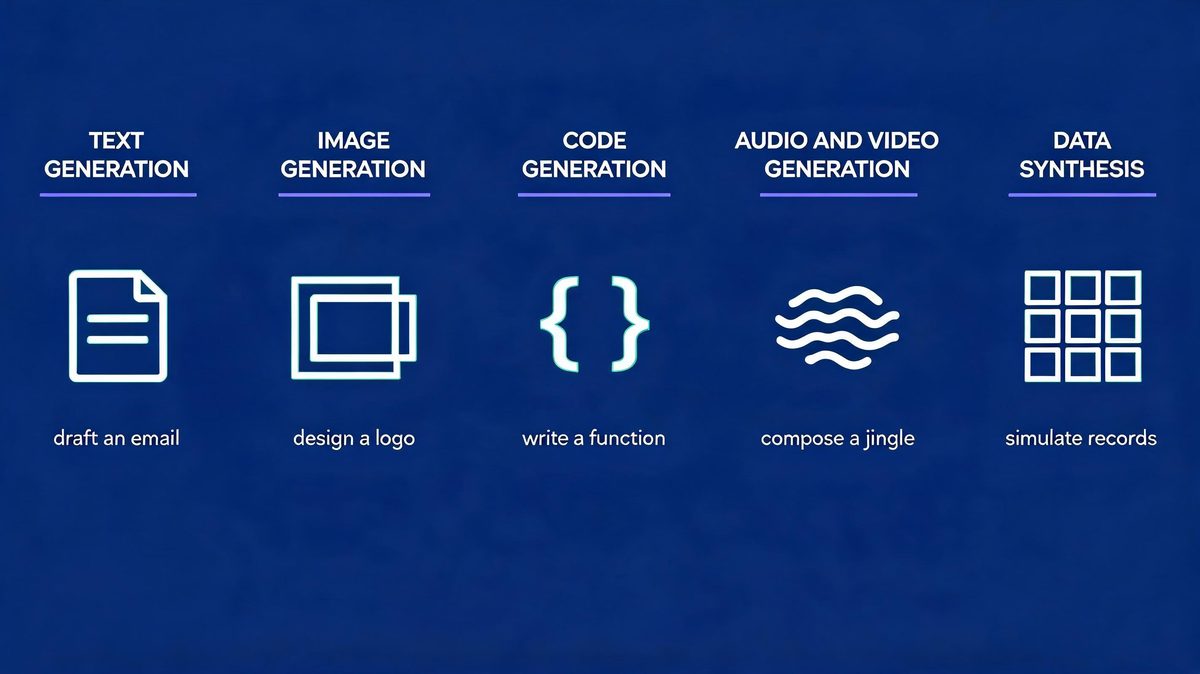 Five families of generative AI tasks: text, image, code, audio and video, and data synthesis