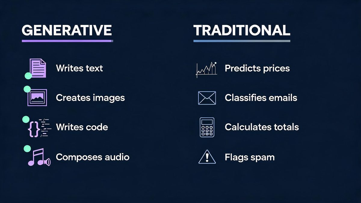 Comparison of generative AI tasks like writing and creating versus traditional AI tasks like predicting and calculating