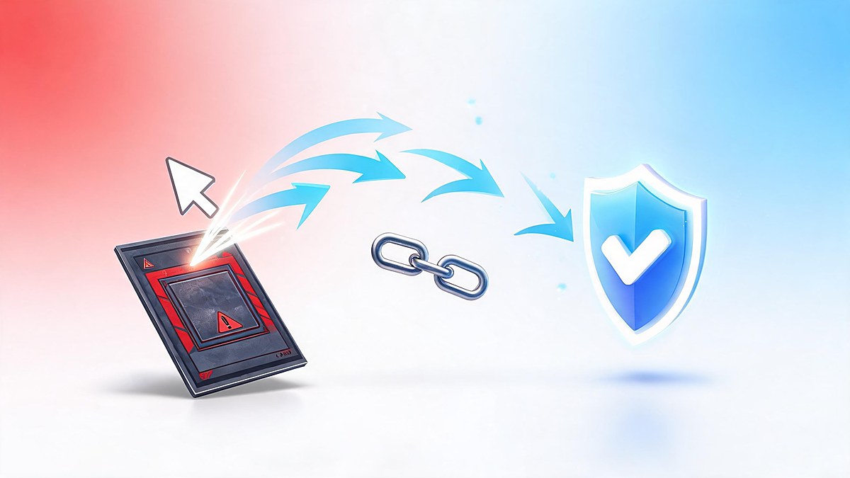 alt: Recovery steps after clicking a fake Gmail warning: a cursor path entering a trap and blue arrows leading to a security shield