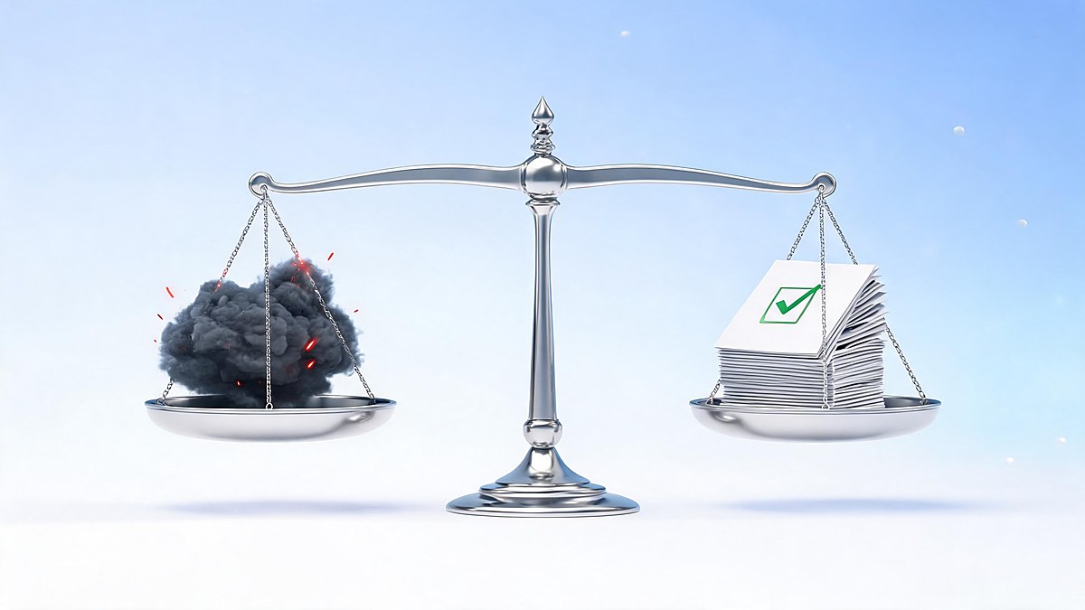 alt: Panic versus plan: a balanced scale holding a storm cloud on one side and a calm checklist on the other