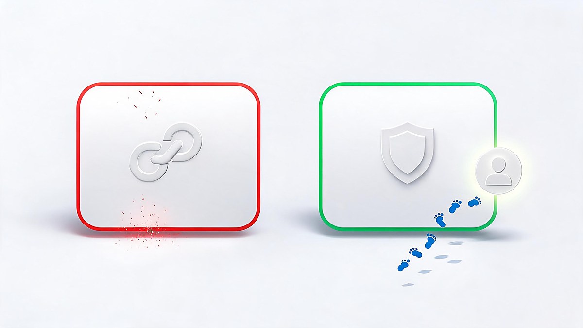 alt: Real versus fake Gmail security warning compared: the fake has red accents and a broken link, the real one has a shield and leads to the account page