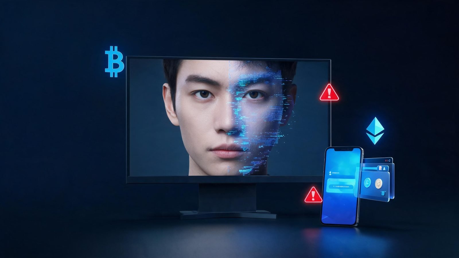 AI crypto scam showing deepfake, fake crypto messages and digital wallet threats