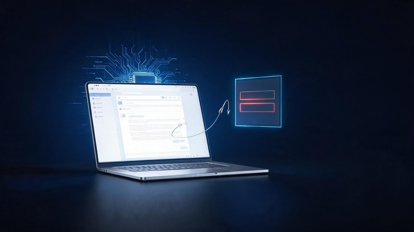 Illustration of an AI phishing attack: a convincing fake email on a laptop pulling a user toward a fraudulent login page
