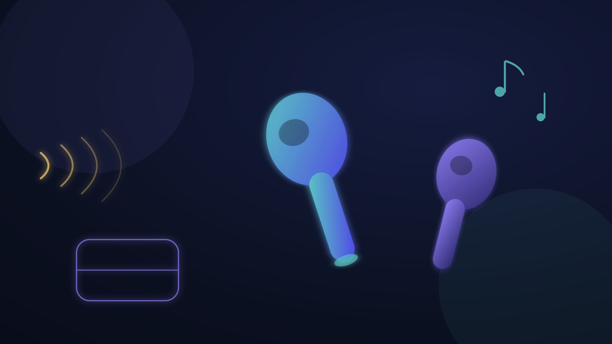 Dark-mode illustration of two glowing wireless earbuds cancelling incoming noise waves