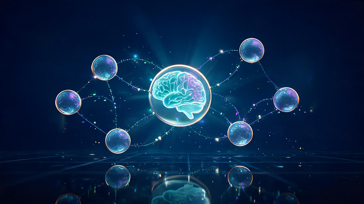 Build AI agents without coding: luminous node graph assembling itself on a dark canvas