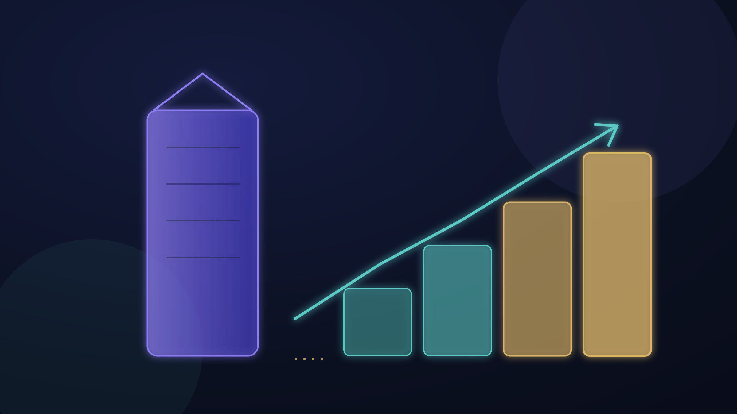 Dark-mode illustration of a glass bank tower beside a glowing rising rate ladder